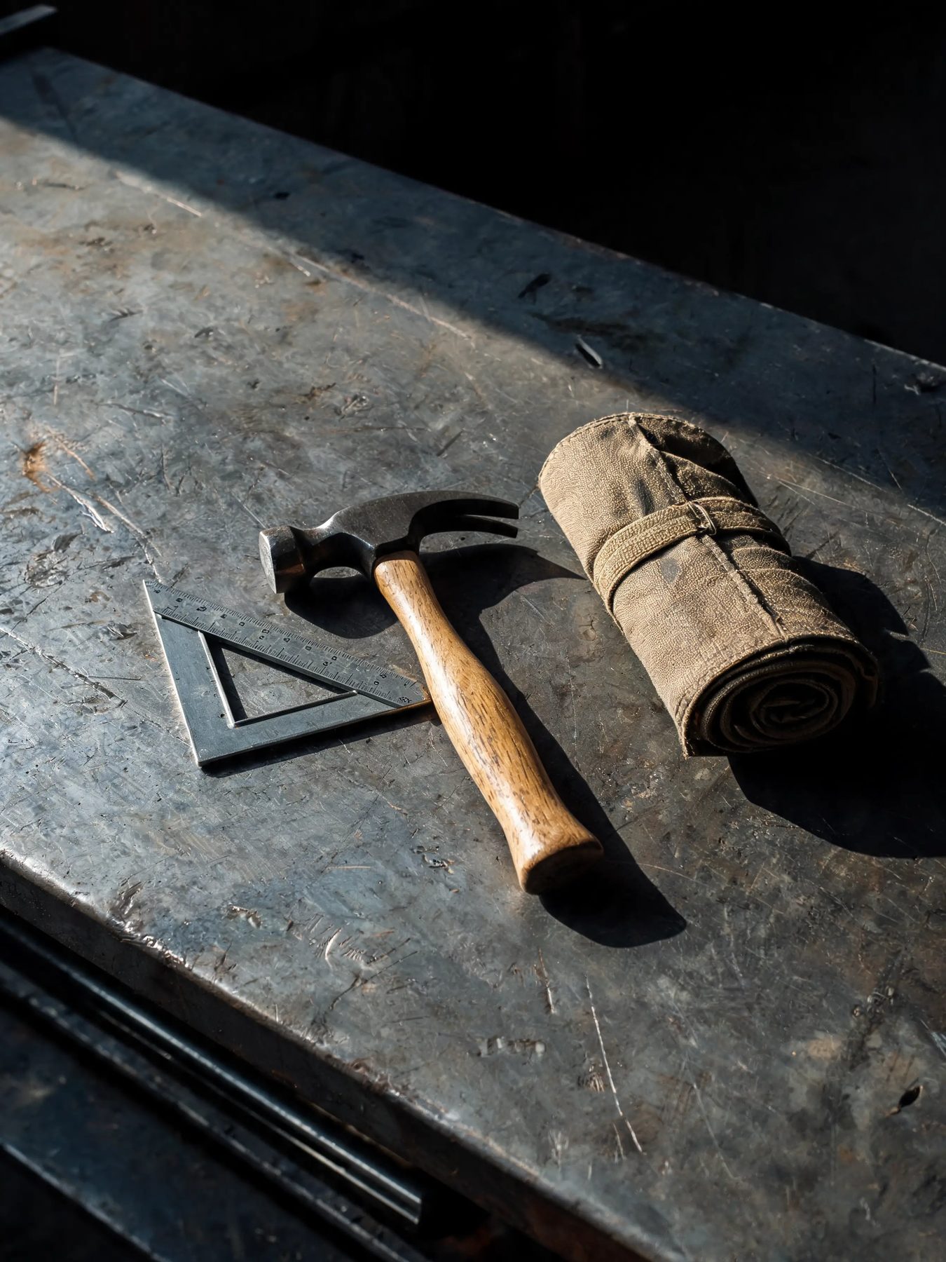 Hammer, combination square and canvas tool roll on a scarred steel bench