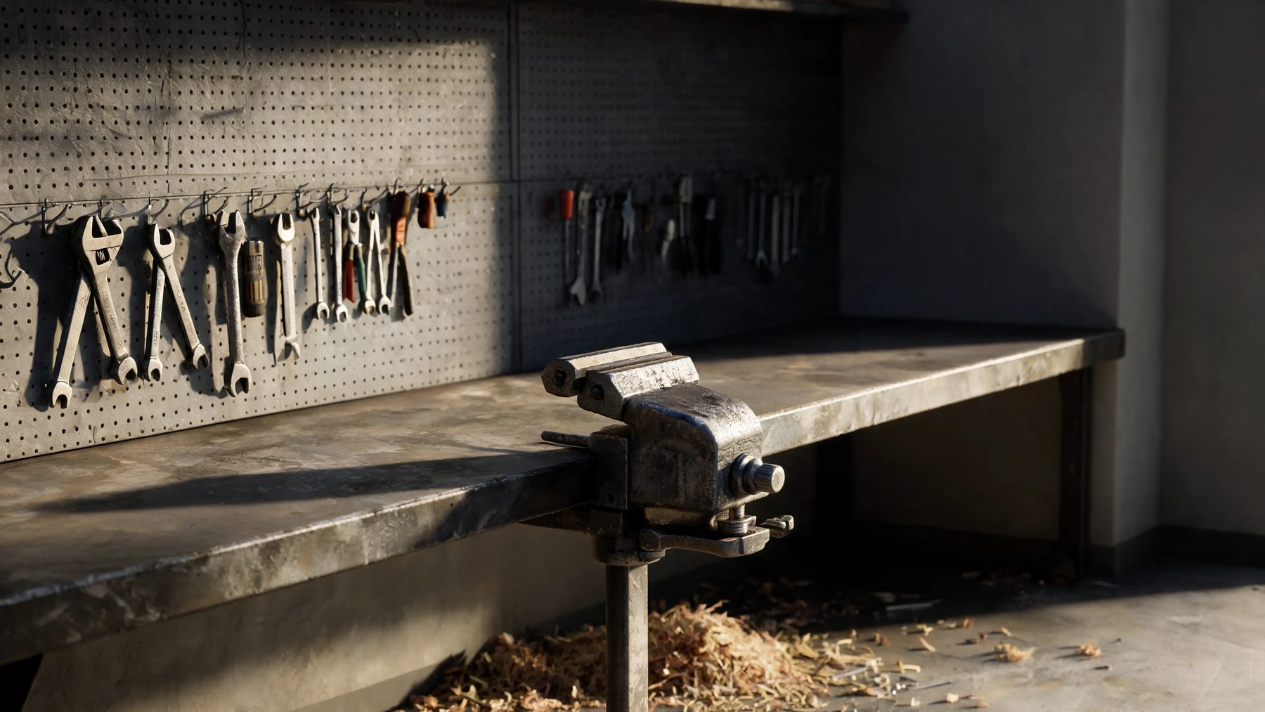 Shop corner with a pegboard wall, a bench vice and shavings on the floor